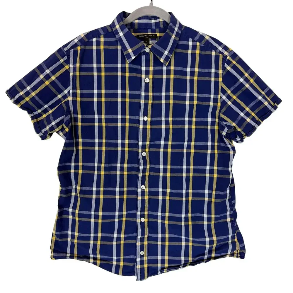 Banana Republic Shirt Mens Large Blue Check Tartan Cotton Slim Fit Button Up‎